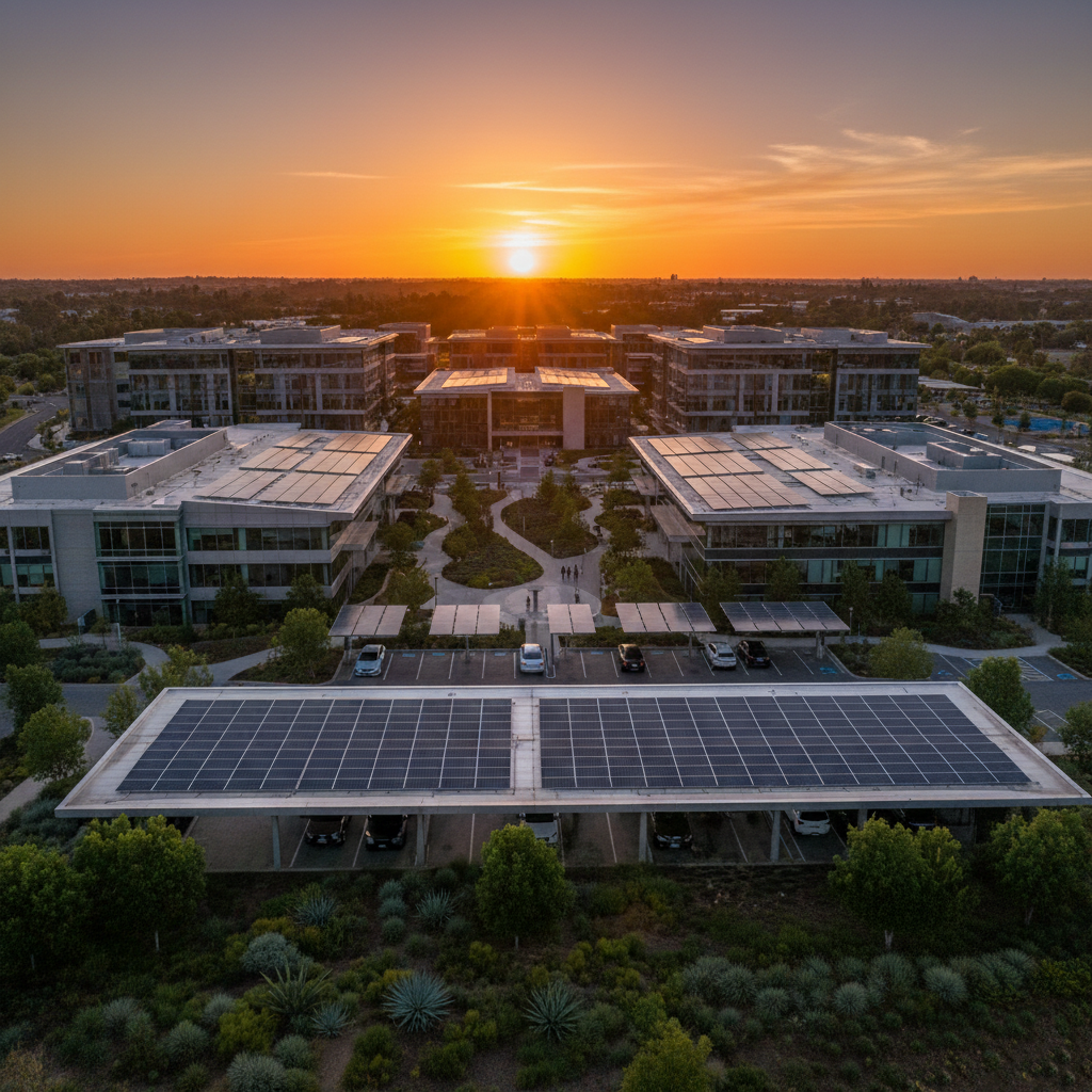 Instalação solar empresarial ao pôr do sol